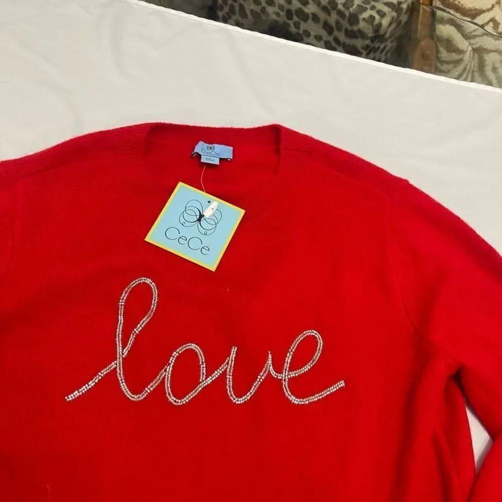 NWT CeCe Women’s Valentine Beaded Love Long Sleeve Sweater Dress Size Large New